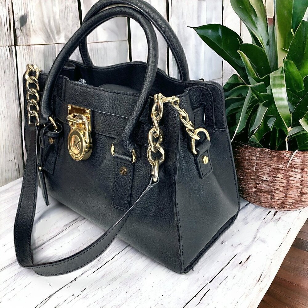 Michael Kors Medium Hamilton East West Satchel Black Saffiano Leather Gold HW